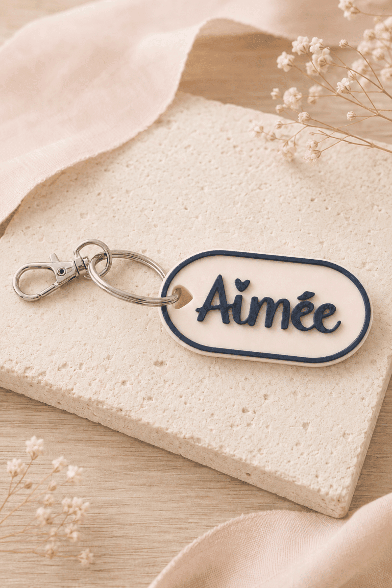 Porte cles 22Aimee22 Beige bleu marine