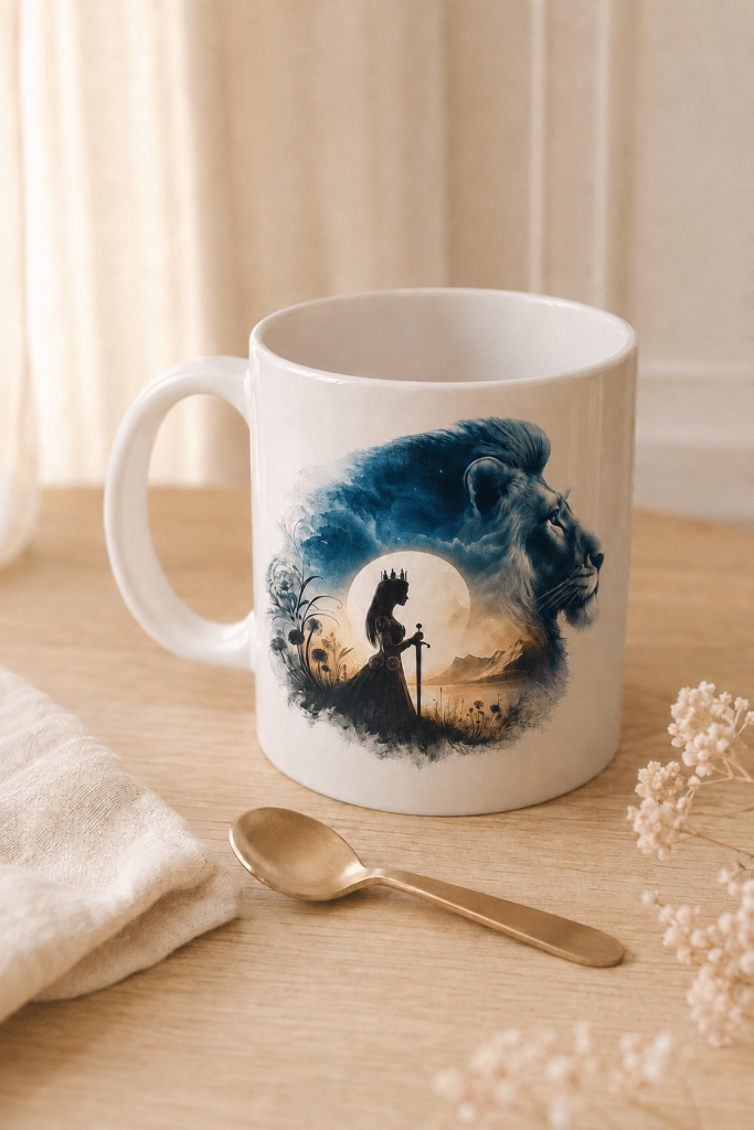 Tasse "la femme et le lion" posée sur une table