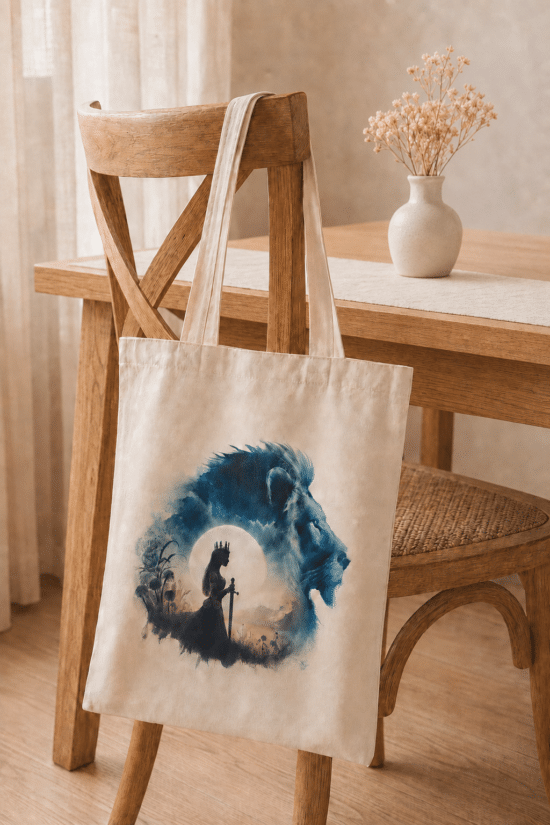Tote bag "la femme et le lion" accorché à une chaise