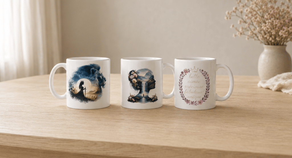 3 tasses : "la femme et le lion", "la femme et la source" et "belle, aimée"
