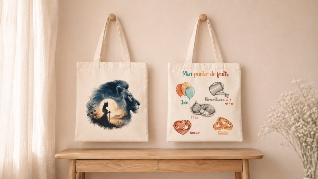 Tote bag "la femme et le lion" et "mon panier de fruits"