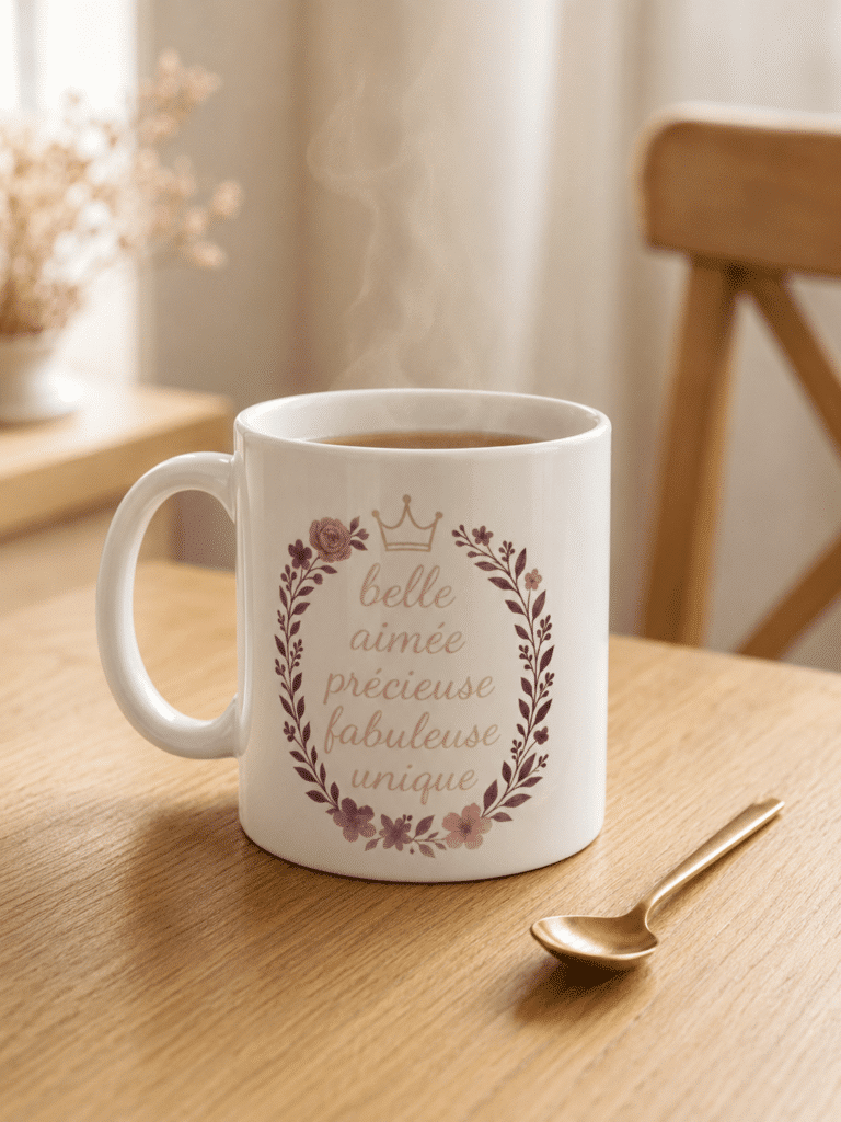 Tasse "belle, aimée", sur une table