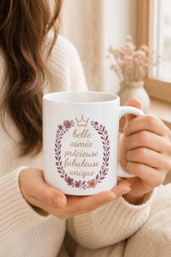 Tasse "belle, aimée", posée sur une main et tenue par une autre