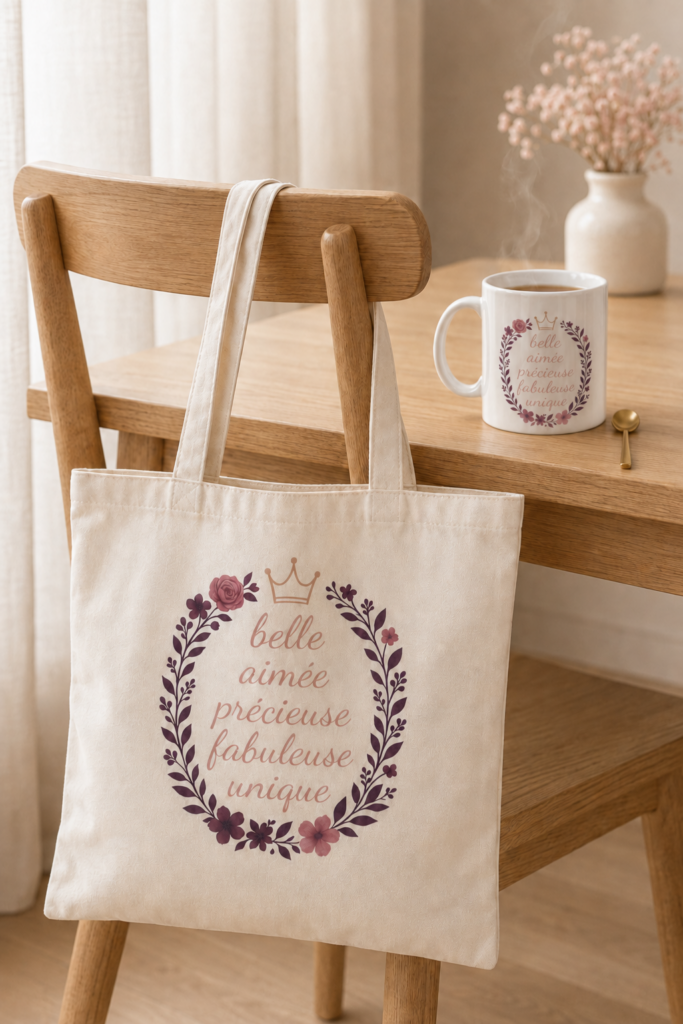 Pack avec une tasse "belle, aimée" et un tote bag "belle aimée"