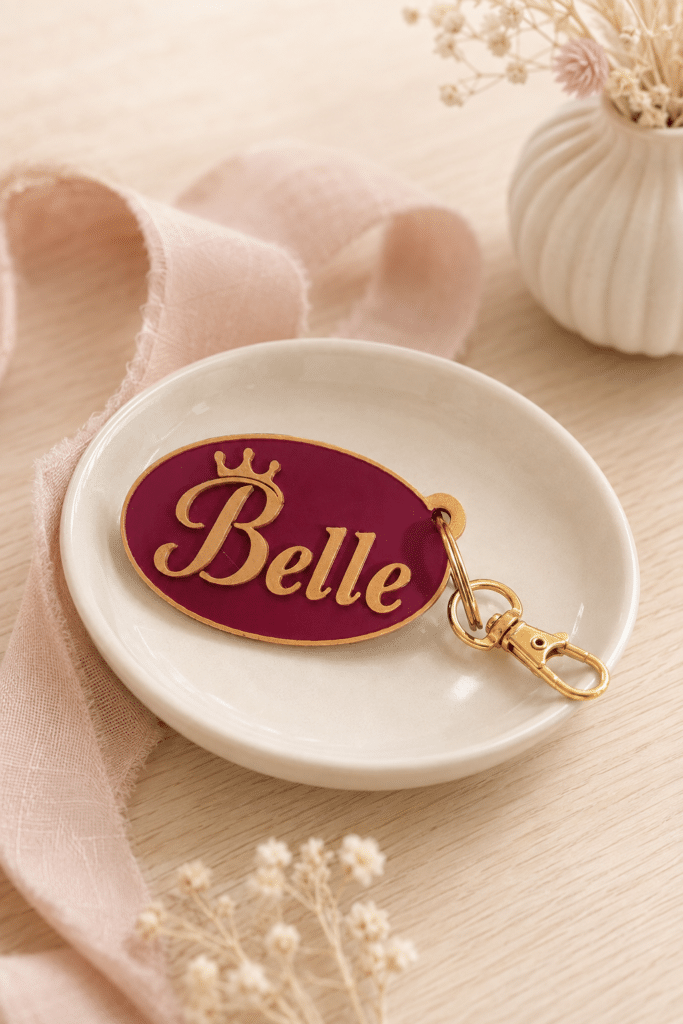 Porte-clés "Belle" prune doré avec attache et mousqueton doré
