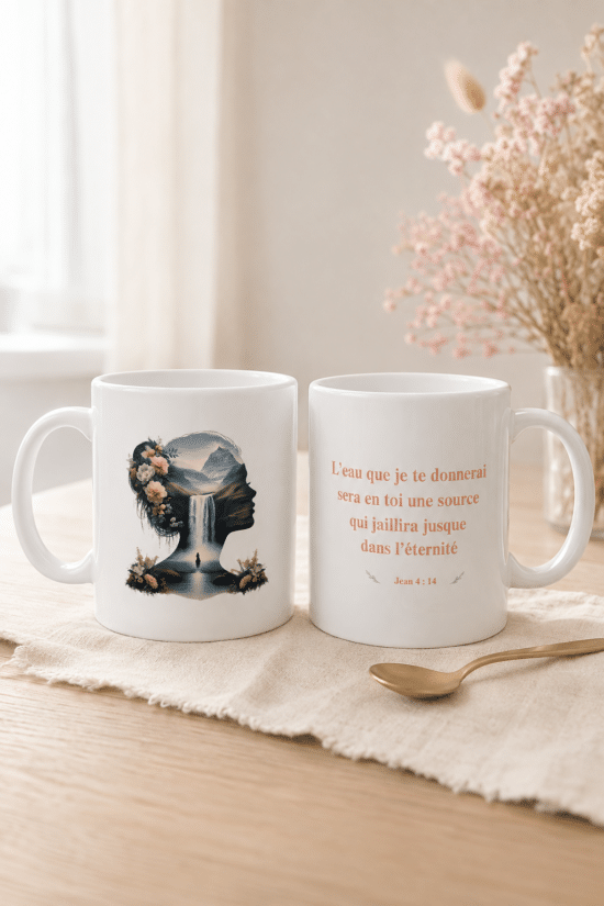 Tasse "La femme et la source" avec un visuel et un verset