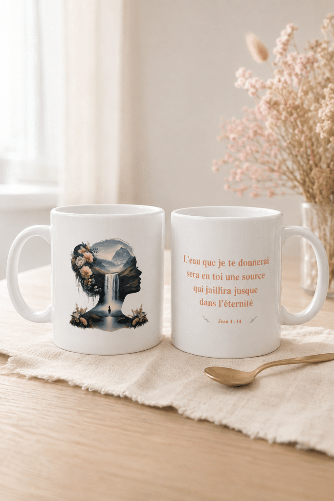 Tasse "La femme et la source" avec un visuel et un verset